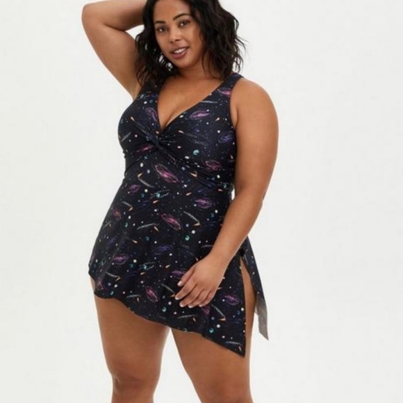 Torrid Wireless Assymetrical Twist Front Black Galaxy One Piece Swim Dress 1‎ - Picture 1 of 14